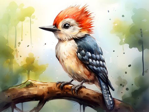 Cute and Colorful: Cartoon-Like Woodpecker Watercolor Print