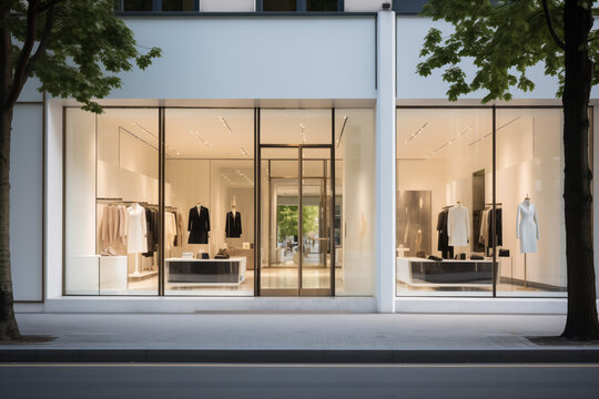 Clothing store exterior building facade with large windows, viewed from the street.