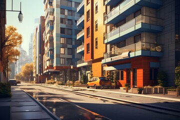 Fototapeta na wymiar view of an urban cityscape residential modern house apartment buildings from sidewalk on streets