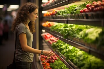 Inflations Impact. Woman Shopping for Groceries - Fresh Fruits and Vegetables in Supermarket Aisle