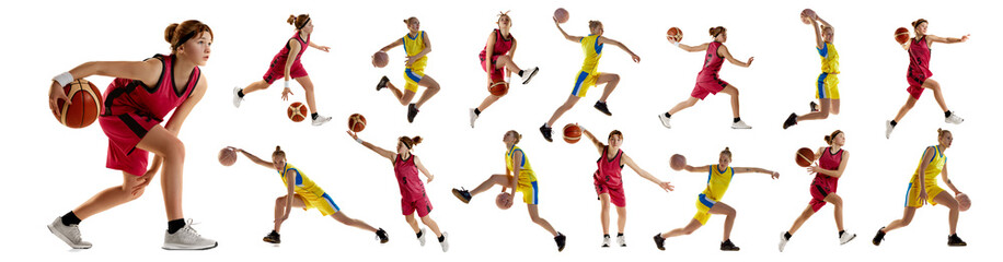 Collage made of two young girl, professional basketball players in motion during game isolated over...