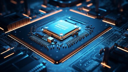 Fototapeta na wymiar Futuristic motherboard featuring complex microchip integration.