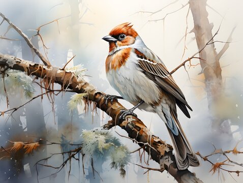 Serene Beauty: White Background Watercolor Sparrow in the Woods