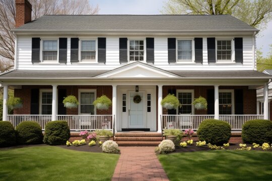picture of brick colonial house with white wooden side porches