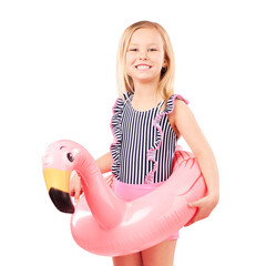 Girl child, summer and swimsuit with an inflatable flamingo for swimming isolated on a transparent...