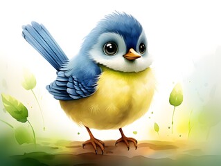 Playful Blue Tit Watercolor Print: Cartoon-like Style with Crosshatched Shading