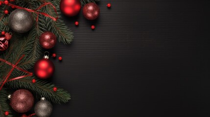 Christmas dark background with fir tree and cones and ornaments, flat lay, top view with copy space