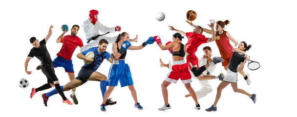 Collage. Different people in motion, sportsmen of diverse sports isolated over white background....