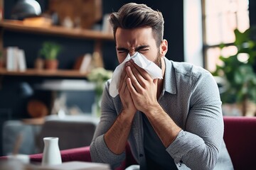 Sick man blowing his nose and covering it with tissue, Man with cold