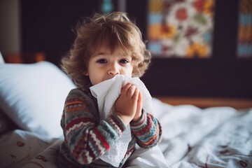 Sick little boy blowing his nose and covering it with tissue - obrazy, fototapety, plakaty
