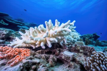 Fototapeta na wymiar dead white coral against vibrant sea flora background