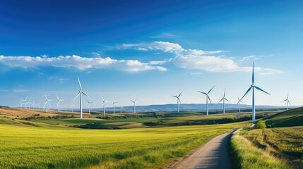 Panoramic view of a large field of wind turbines green energy.