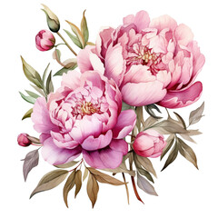 watercolor branch of peony  and  peony flower, peony clipart for graphic resources