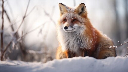 Fototapeta premium Portrait of a red fox in snowy winter, winter time, snow covered plains, snow covered trees