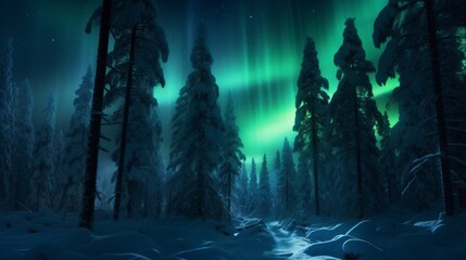 Beautiful aurora borealis in winter forest, Northern Lights over Forest