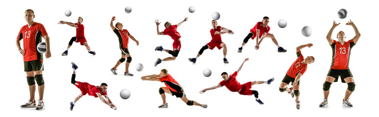 Two men in red uniform, professional volleyball players in motion during game, training isolated...