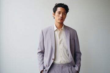 Fototapeta premium Beautiful and stylish fictional Japanese model posing with confidence in an elegant suit. Generative AI.