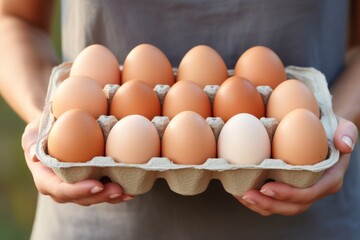 Closeup of a person purchasing a carton of fresh eggs from the dairy section in a busy supermarket