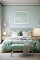 Contemporary scandinavian bedroom interior. Wooden double bed with green pillows and blanket. Minimalist furniture, abstract geometric painting framed on a wall