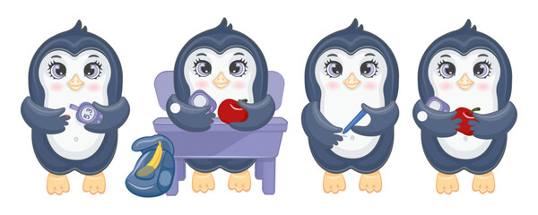 Cute little penguin with diabetes. Cartoon character with glucometer, syringe pen, hypoglycemia and sugar, glucose measurement sensor. Vector illustration for kids, products, stickers, advertising ban