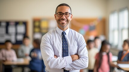 Fototapeta premium Portrait of a smiling male teacher in elementary school class, looking at camera with students in the background