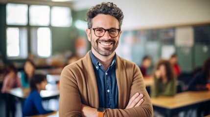 Fototapeta premium Portrait of a smiling male teacher in elementary school class, looking at camera with students in the background