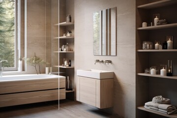 Contemporary bathroom with wooden beige furniture, white basin with square mirror, bathtub and window. Modern minimalist house interior 