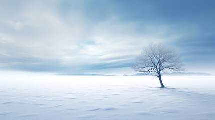 Fototapeta na wymiar One single tree standing on a snowy field in winter, snowy plain