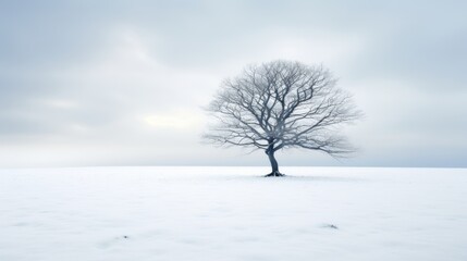 Fototapeta na wymiar One single tree standing on a snowy field in winter, snowy plain