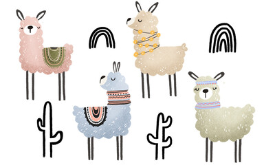 childish clipart with cartoon alpaca and llama. Collection with wild animals © Ilona