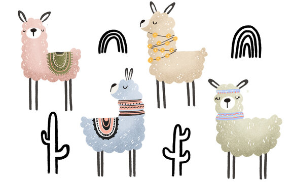 childish clipart with cartoon alpaca and llama. Collection with wild animals