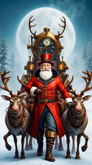  Santa Claus rides on a reindeer sleigh. Steampunk style. Christmas. New Year 2023