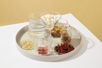Close-up of a glass of water and a variety of dietary supplements displayed in glassware on a ceramic plate. Dietary supplements are produced in the form of tablets, capsules, liquids, etc.