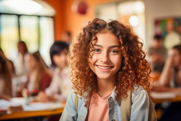Cheerful teenage girl with curly hair, smiling confidently in a bright classroom setting, engaged in learning and education.