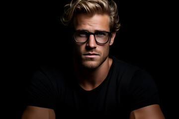 studio portarit of a fashionable young hipster man wearing stylish glasses and posing over a black background