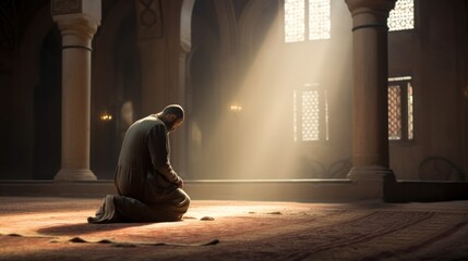 A devout Muslim man bows to pray in a mosque.