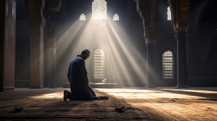 A devout Muslim man bows to pray in a mosque. - obrazy, fototapety, plakaty