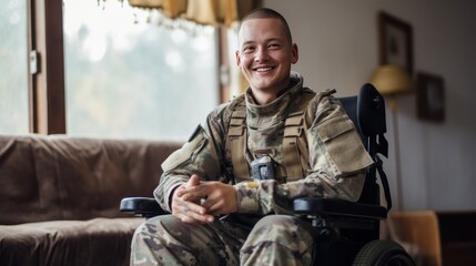 A disabled young male soldier wearing a happy camouflage uniform sits smiling looking at the camera in a wheelchair. - obrazy, fototapety, plakaty