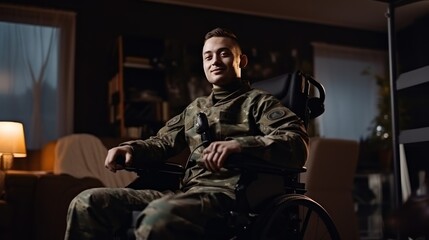 Fototapeta na wymiar A disabled young male soldier wearing a happy camouflage uniform sits smiling looking at the camera in a wheelchair.