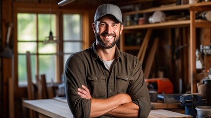 Fototapeta premium A young man of the new era, WOOD ENGINEER, wears a hat, smiles and shows his whole body.