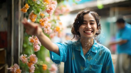 A happy smiling woman brushes her cheeks wearing a blue floral shirt. and pointing the finger at the empty space during the Songkran festival - obrazy, fototapety, plakaty