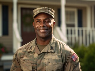 Smiling middle-aged African American soldier in uniform standing in barracks