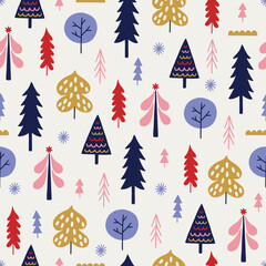 Christmas seamless pattern with fir trees and snowflakes. Vector illustration