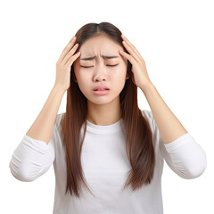 Woman has a headache, Close-up portrait Young Asian woman holding her head, on a transparent background PNG.