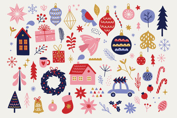 Christmas set - house, ball, bauble, bird, car, bell, fir tree