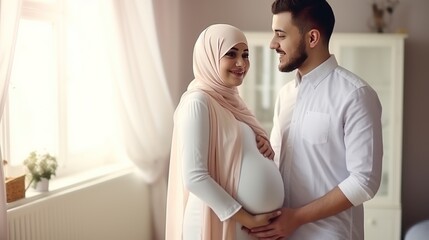 A young Arab man and a pregnant Muslim woman stand smiling looking at the camera in the living room background. - obrazy, fototapety, plakaty