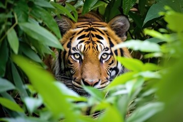 a malayan tiger lurking in a dense southeast asian jungle
