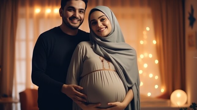 A young Arab man and a pregnant Muslim woman stand smiling looking at the camera in the living room background.