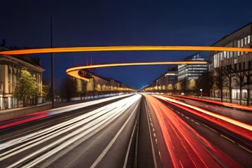 busy traffic in urban Light trails on highway with a industry building  slightly toned Gorgeous long exposure view at a highway A14 Autobahn in Leipzig Germany generative ai



