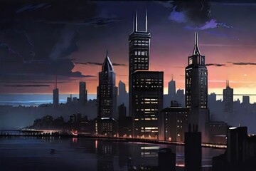 Obraz premium Evening Magic NYC from the Sea View of Manhattan at night Reflections from North Avenue Beach generative ai